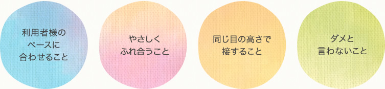 1.利用者様のペースに合わせること 2.やさしくふれ合うこと 3.同じ目の高さで接すること 4.ダメと言わないこと